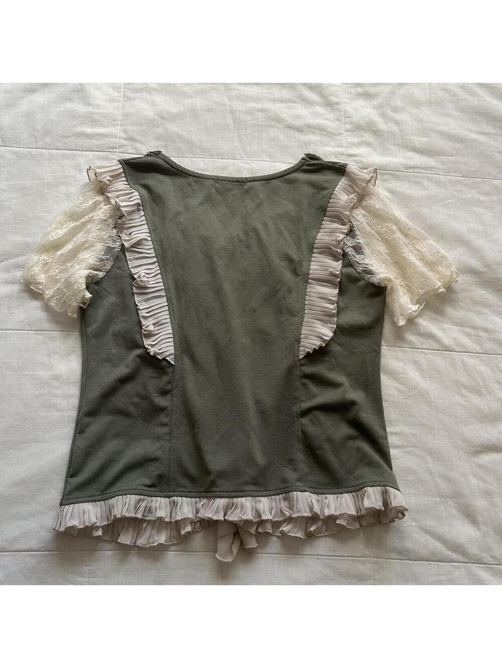 Axes Femme Olive Green Lace Flutter Sleeve Pearl Ribbon Bow Blouse Medium Japan - Picture 5 of 8